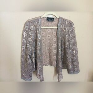 ALEX EVENINGS Womens Lace Sequin Size M Jacket Grqy Beige Open Front